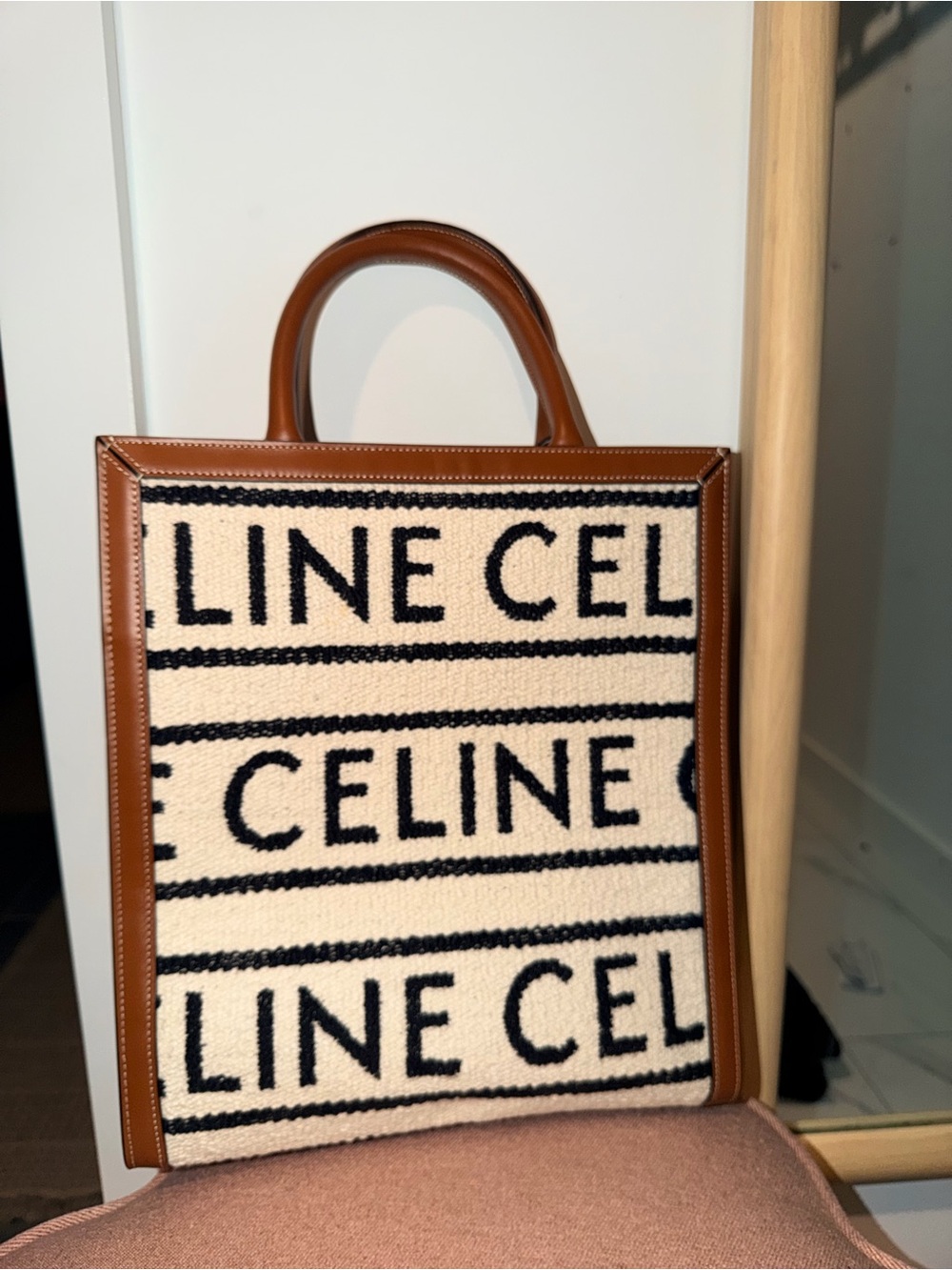Celine Brown Leather-Trimmed Cream Logo Canvas Tote